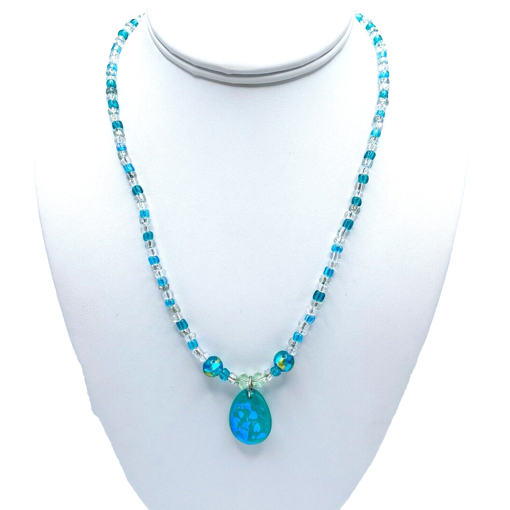 Art Glass Pendant Beaded Necklace Teal Blue Iridescent Foil Handmade 18" Lovely